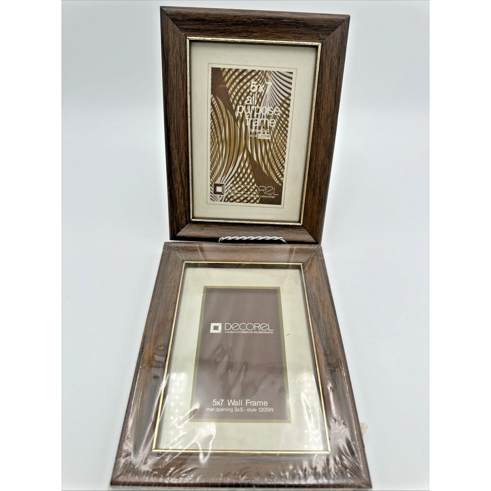 2 Vintage Decorel Glass Photo Frames Wood Tone